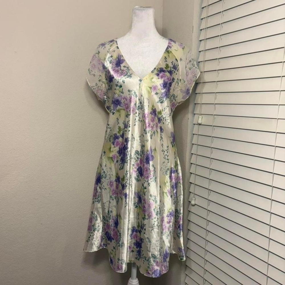 white and purple floral satin chiffon slip dress nightie Inner Most size M